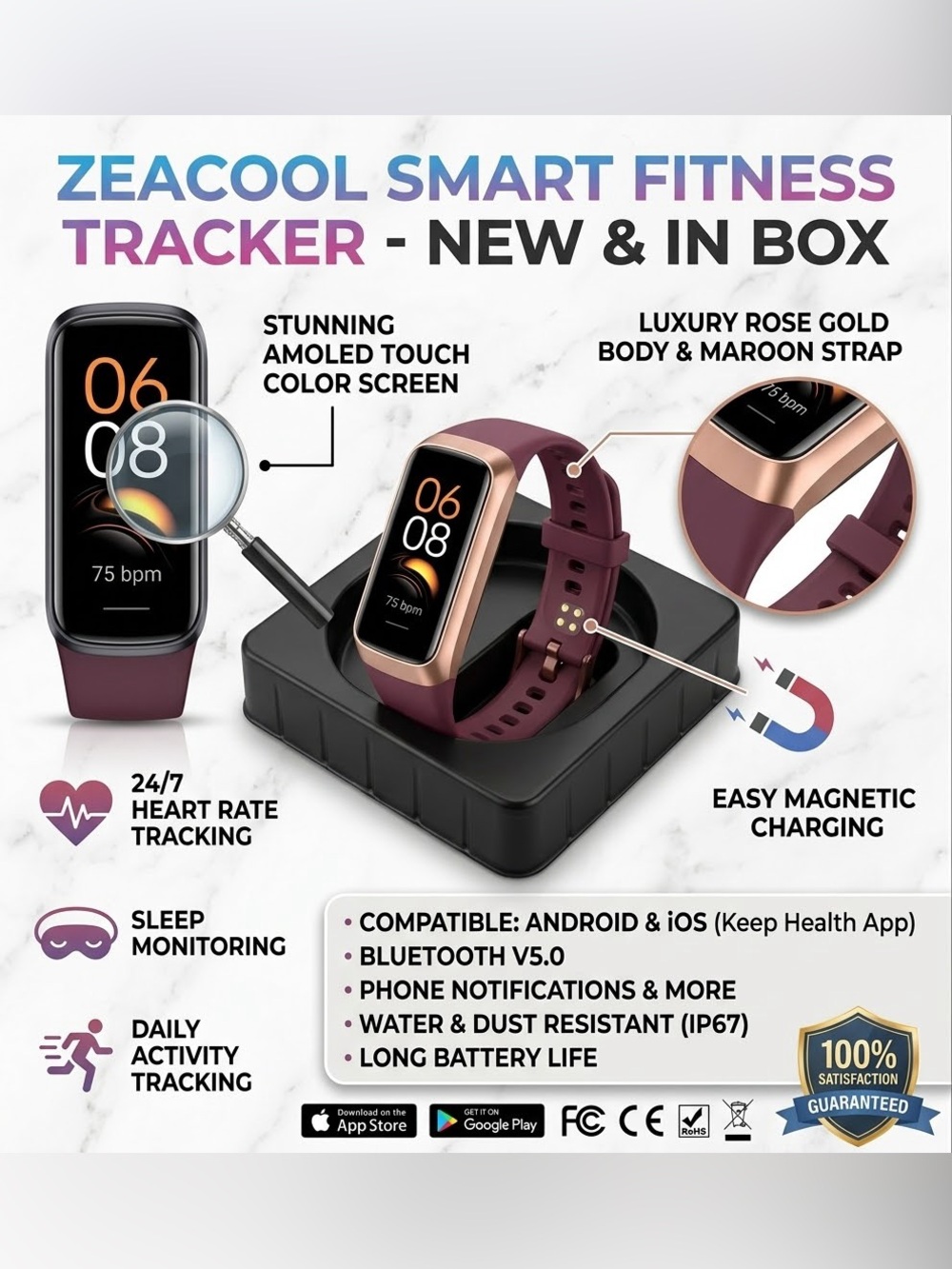 Smart Fitness Tracker - Rose Gold Body with Maroon Band